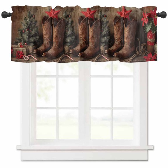 Christmas Valances for Windows, Western Boots Xmas Tree Stars Poinsettia Wood Grain Light Filtering Window Treatment Valances, Rod Pocket Small Curtains for Kitchen/Bathroom, 60"x18"