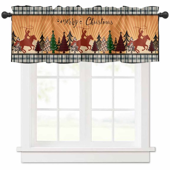 Christmas Valances for Windows, Western Riding Christmas Tree Sunset Buffalo Plaid Light Filtering Window Treatment Valances, Rod Pocket Small Curtains for Kitchen/Bathroom, 54"x18"