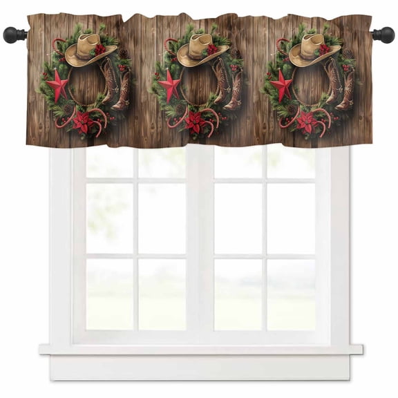 Christmas Valances for Windows, Western Wreath Hat Boots Stars Poinsettia Wood Grain Light Filtering Window Treatment Valances, Rod Pocket Small Curtains for Kitchen/Bathroom, 60"x14"