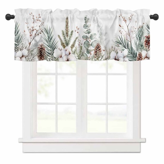 Christmas Valances for Windows Winter Eucalyptus Leaf Snow Pine Cone Rod Pocket Curtain Valance Window Treatment Short Curtains for Kitchen Living Room, 58"x16"