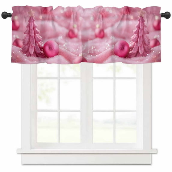 Christmas Valances for Windows, Winter Pink Christmas Tree Xmas Ball Snow Light Filtering Window Treatment Valances, Rod Pocket Small Curtains for Kitchen/Bathroom, 42"x18"