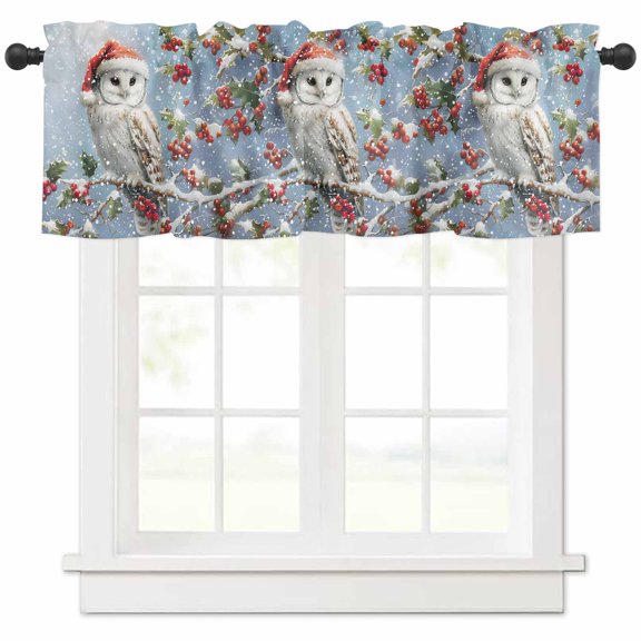 Christmas Valances for Windows, Winter Snow Owl Cap Berries Evergreen Bough Leaves Light Filtering Window Treatment Valances, Rod Pocket Small Curtains for Kitchen/Bathroom, 56"x16"