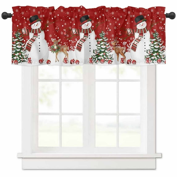 Christmas Valances for Windows, Winter Snowman Xmas Tree Deer Snowflakes Red Light Filtering Window Treatment Valances, Rod Pocket Small Curtains for Kitchen/Bathroom, 56"x16"