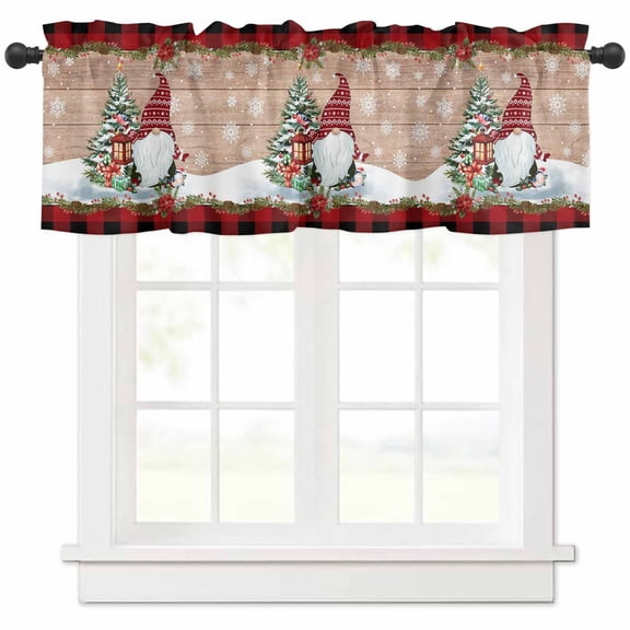 Christmas Valances for Windows, Xmas Dwarfs Pine Tree Snowflakes Wood Grain Plaid Light Filtering Window Treatment Valances, Rod Pocket Small Curtains for Kitchen/Bathroom, 42"x18"