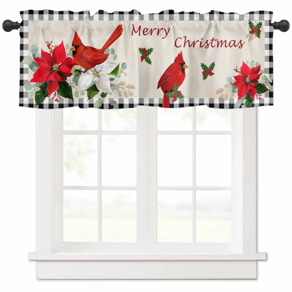 Christmas Valances for Windows, Xmas Poinsettia Botanical Black Plaid Light Filtering Window Treatment Valances, Rod Pocket Small Curtains for Kitchen/Bathroom, 42"x18"