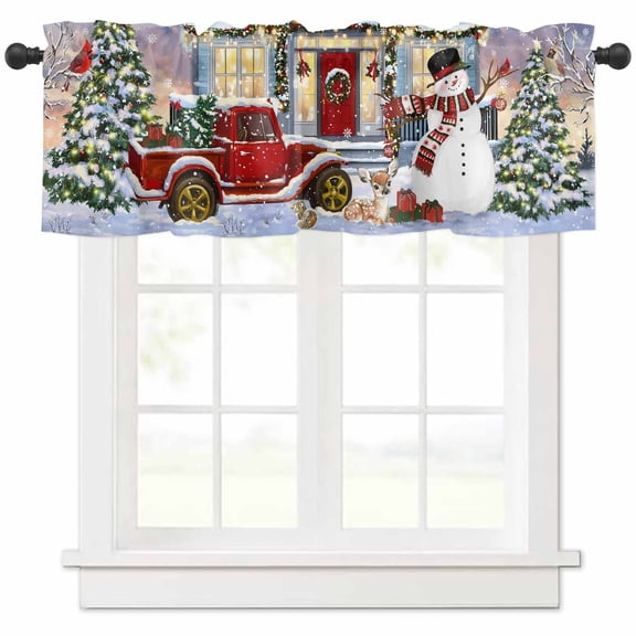 Christmas Valances for Windows, Xmas Snowman Truck Bird Pine Tree House Snow Scene Light Filtering Window Treatment Valances, Rod Pocket Small Curtains for Kitchen/Bathroom, 42"x12"