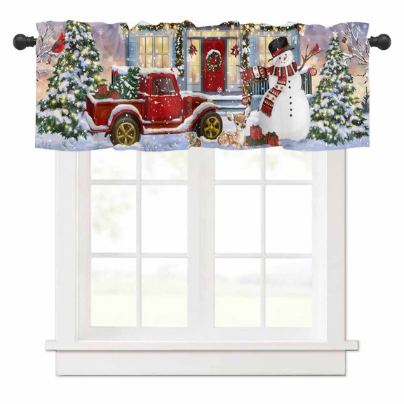 Christmas Valances for Windows Xmas Snowman Truck Bird Pine Tree House Snow Scene Rod Pocket Curtain Valance Window Treatment Short Curtains for Kitchen Living Room, 42"x12"