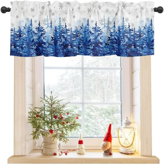 Christmas Valances for Windows Xmas Tree Forest Christmas Kitchen Curtain Valances Rod Pocket Snowflake Blue Snowy Forest Winter Window Curtain Seasonal Valance Christmas Decor, 54x18 Inch