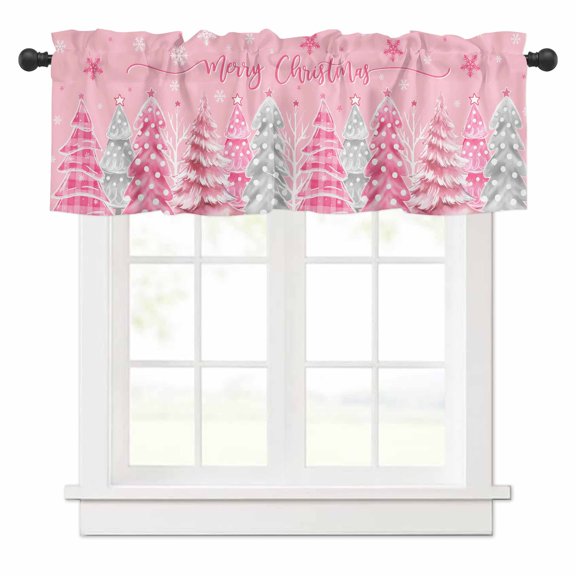 Christmas Valances for Windows Pink Christmas Tree Rod Pocket Curtain Valance Window Treatment Short Curtains for Kitchen Living Room, 42"x12"