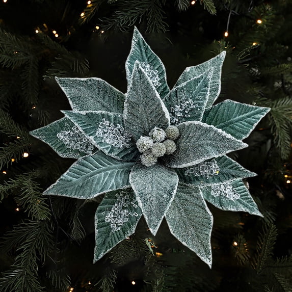 Christmas Velvet Artificial Flowers with Ice Crystal for Tree Wreath Decor, Red Gold Green Reusable Holiday Picks, 10.2x10.2in