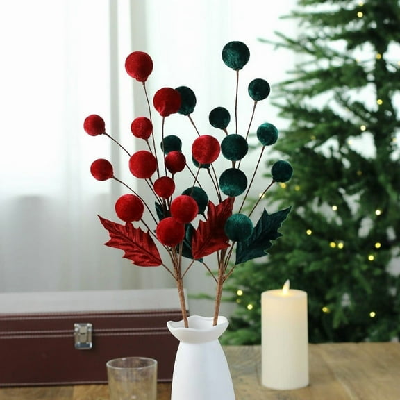 Christmas Velvet Bagged Ball Decorations with Branches, Blue Velvet Berry Stem, Holiday Tree and Wreath Ornaments, Winter Seasonal Home Décor