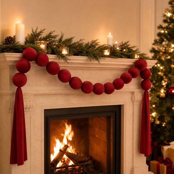 Christmas Velvet Ball Garland 6.6ft 18 Balls Burgundy Red Fabric Ornament String for Xmas Tree Fireplace Staircase Indoor Outdoor Home Wedding Party Decor