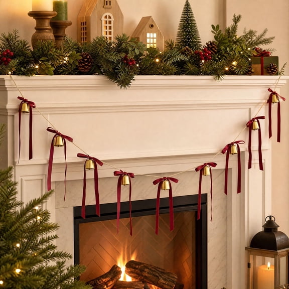 Christmas Velvet Bell Garland with Bows 70.87in, Burgundy Red Extra Long Ribbon Bunting for Staircase Doorway Mantel Decor