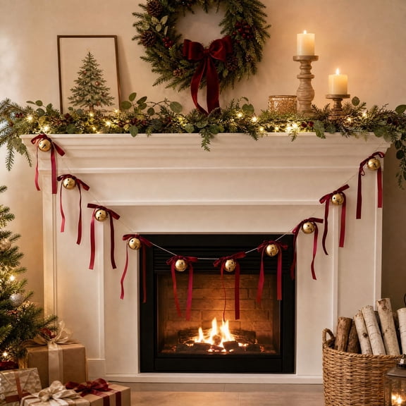 Christmas Velvet Bell Garland with Bows 70.87in, Burgundy Red Long Ribbon Bunting for Fireplace Mantel Wall Window Holiday Decor