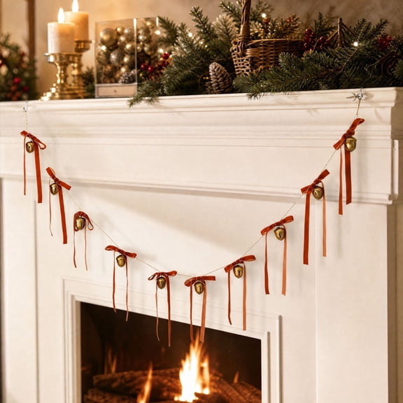 Christmas Velvet Bell Garland with Bows 70.87in, Orange Ribbon Bunting for Fireplace Mantel Wall Window Fall Holiday Decor