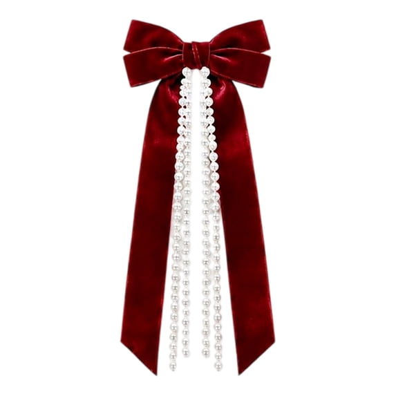 Christmas Velvet Bow Ornaments, 10.23X5.11X0.98" Hanging Xmas Tree Decoration with Pearl Chain, Pearl Tassel Ribbon Pendant, Holiday Wreath Decor, Farmhouse Home Accents, Winter Decor for Mantel