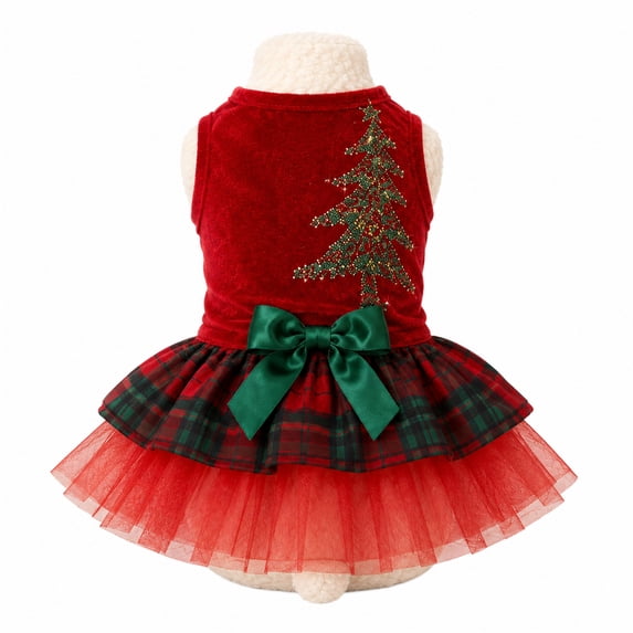 Christmas Velvet Dog Dress, Plaid Tutu Skirt with Satin Bow & Glitter Tree for Holiday Party Winter Pet Clothes