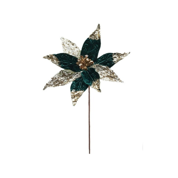Christmas Velvet Flower, Green Artificial Poinsettia with Glitter Sequins, Handmade Simulation Holiday Ornament for Xmas Tree, Wreaths & Home Decorations