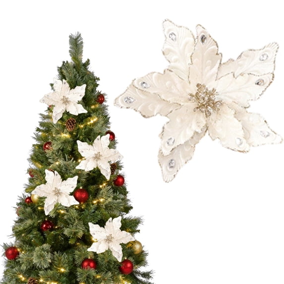Christmas Velvet Magnolia Flowers, Artificial Poinsettia Stems, Velvet Texture, Christmas Tree Ornaments, Home Table Decorations For Holiday Party Decor White
