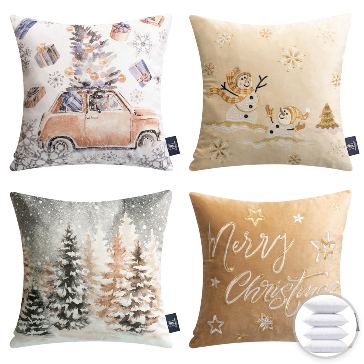 Christmas Velvet Printed and Embroidered Decorative Holiday Series Throw Pillow with inserts, Beige, 18" x 18", Set of 4