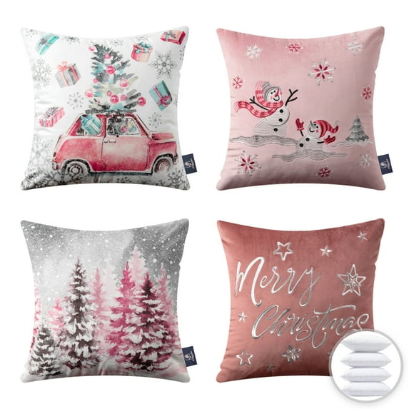 Christmas Velvet Printed and Embroidered Decorative Holiday Series Throw Pillow with inserts, Pink, 18" x 18", Set of 4