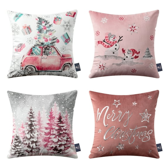 Christmas Velvet Printed and Embroidered Decorative Pillow Covers, Holiday Series Throw Pillow, Pink, 18" x 18", Set of 4