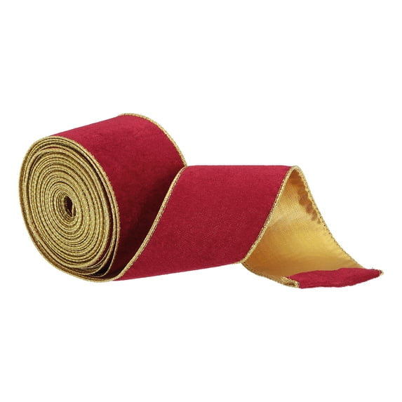 Christmas Velvet Ribbon 2.5" 10 Yard Gold Iron Wired Edge Easy to Shape DIY Crafts Gift Wrapping Christmas Red