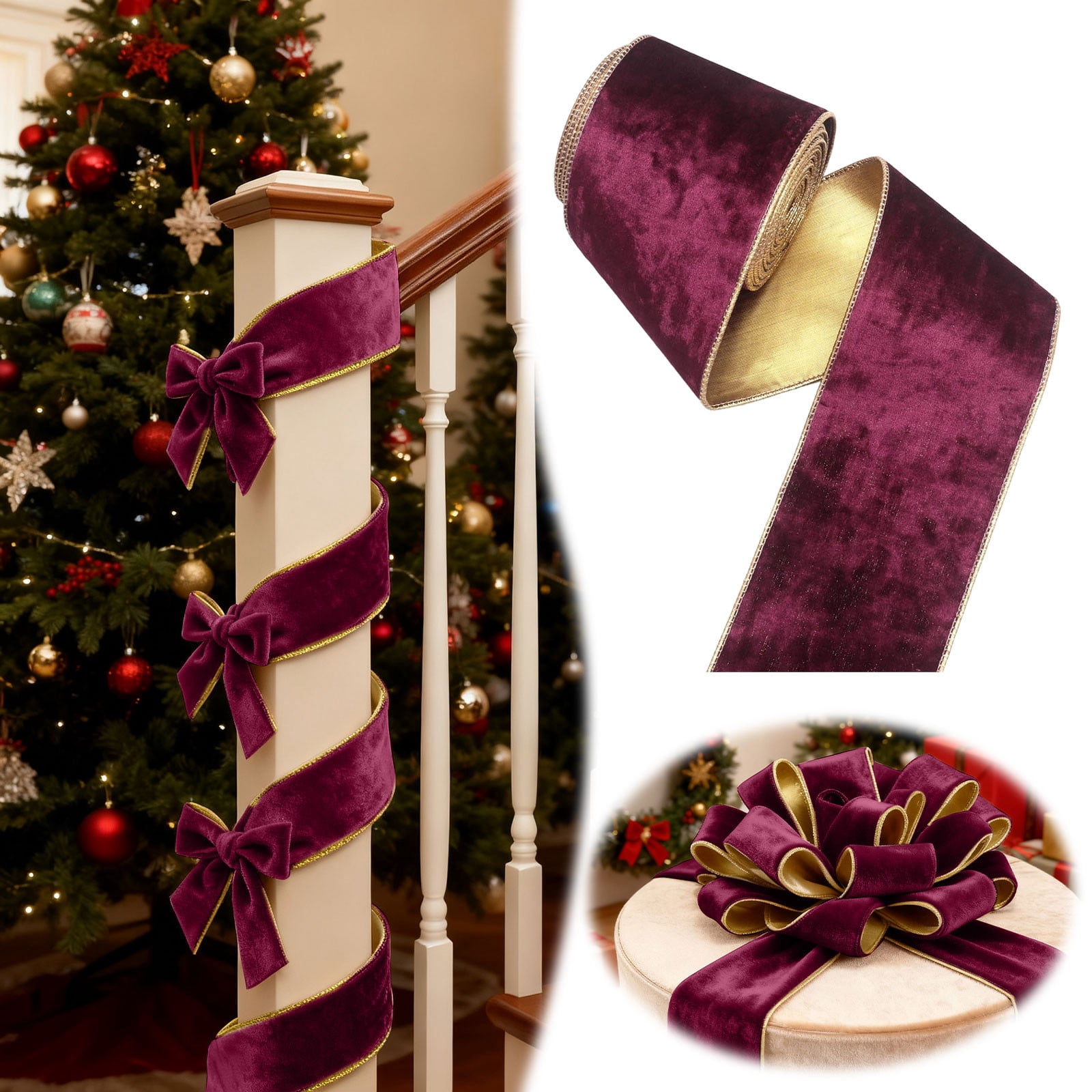 Christmas Velvet Ribbon, 3.94 Inches Wide x 10 Yards Vintage Wrapping Ribbon for Holiday Gift Wrapping, Xmas Decor, Bow Making, Wreath Decorations, Floral Arrangements and DIY Craft Supplies