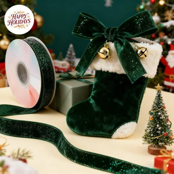 Christmas Velvet Ribbon, 5 Yards Green Flocked Glitter Satin Ribbon, DIY Bow Making, Soft Fabric Decorative Ribbon for Gift Wrapping, Holiday Party, Table Decoration, Xmas Crafts B