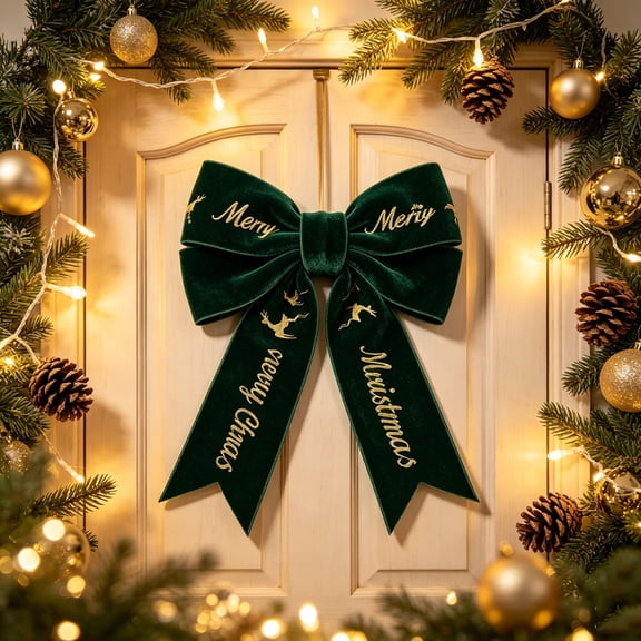 Christmas Velvet Ribbon Green with Gold Merry Christmas Reindeer Hot Foil Print Bow Decor for Festive Seasonal Decorating