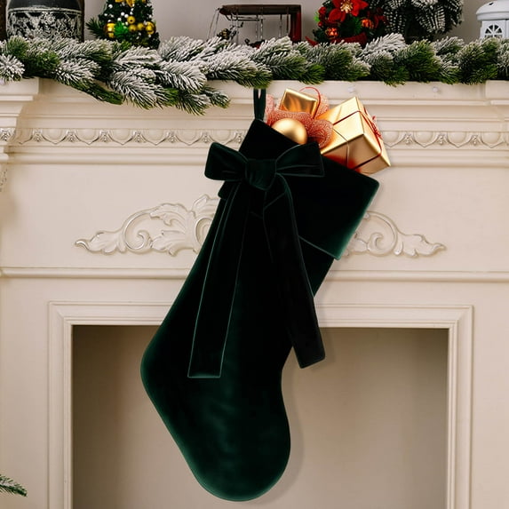 Christmas Velvet Stocking with Bow Large Gift Bag for Fireplace Mantel Decor Plush Hanger for Staircase Xmas Holiday(Green)