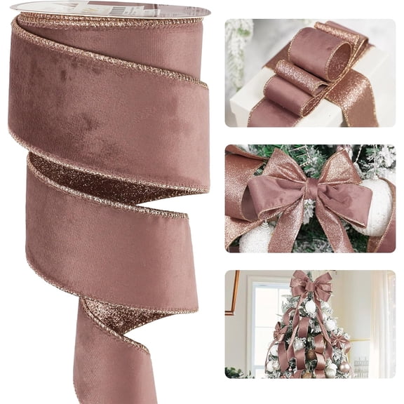 Christmas Velvet Wired Ribbon 2-1/2" Rose Gold Velvet Ribbon with Glitter Rose Gold Backing, for Christmas Tree, Tree Top Bows, Wreath, Graland, Home Decor Crafts- 10 Yards