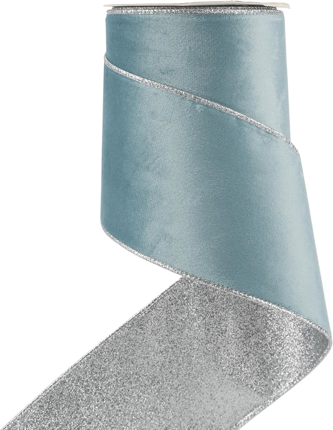Christmas Velvet Wired Ribbon 4 inch Dusty Blue Velvet with Silver Glitter Wired Ribbon for X-mas Trees Decoration, Large Bows, Holiday Crafts, Wreaths Supplies- Continuous 10 Yards