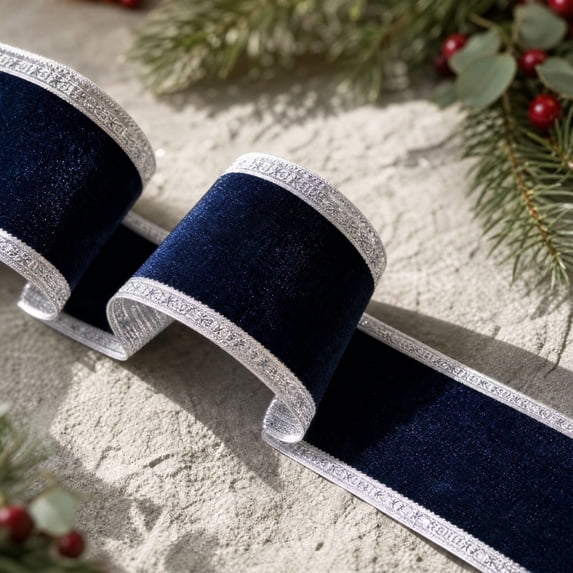 Christmas Velvet Wired Ribbon with Glitter Edge 4 Inch Christmas Ribbon for Christmas Tree Gift Wrapping Wreaths Garland Topper Bows Crafts Home Decor,5 Yards(Blue)