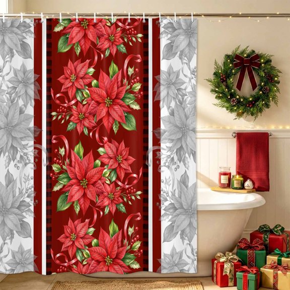 Christmas Vertical Border Bathroom Shower Curtains with Hooks, Vintage Poinsettia Holly Berry Gray Waterproof Fabric Washable Shower Curtain for Home Hotel Bathtub Decor 36x72 Inch