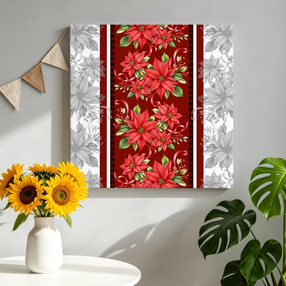 Christmas Vertical Border Canvas Wall Art, Vintage Poinsettia Holly Berry Gray Pictures Wall Decor Wooden Framed Artwork Art Prints for Living Room Hallway Bedroom Office 8"x8"
