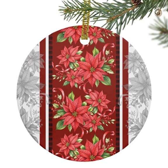 Christmas Vertical Border Ceramic Ornament 3 Inch Vintage Poinsettia Holly Berry Gray Round Porcelain Christmas Ornaments with Gold String for Holiday Party Xmas Tree Decor Gift for Friends Family