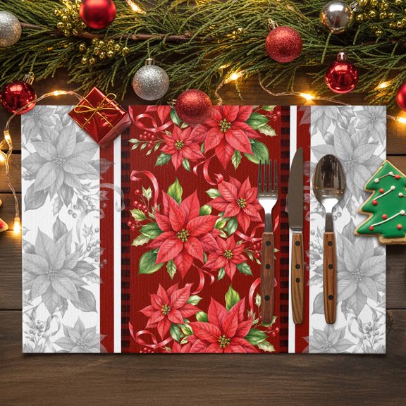 Christmas Vertical Border Cotton Linen Placemats Set of 1, Vintage Poinsettia Holly Berry Gray Washable Table Place Mats Heat Insulating Placemat for Dining Room Kitchen Daily Use 13 x 19 Inch