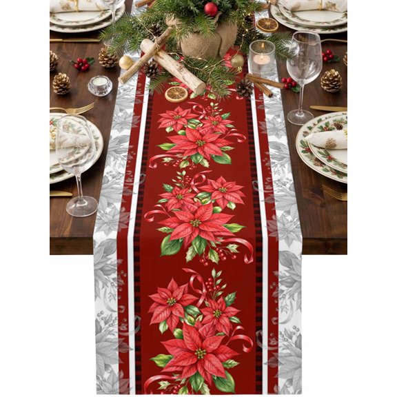 Christmas Vertical Border Cotton Linen Table Runner Vintage Poinsettia Holly Berry Gray Dining Table Runners for Home Decor Party Dining Room Restaurant Kitchen Party 13" x 36"