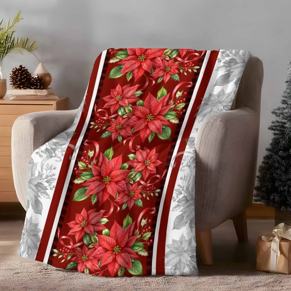 Christmas Vertical Border Fleece Throw Blanket Lightweight Vintage Poinsettia Holly Berry Gray Fuzzy Flannel Throws Super Soft Cozy Flannel Blanket for Couch, Sofa, Bed, Travel 40"x50"