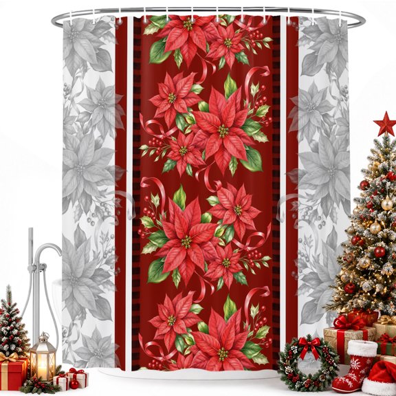 Christmas Vertical Border Shower Curtain for Bathroom, Vintage Poinsettia Holly Berry Gray Waterproof Cloth Fabric Bathroom Accessories Set with 9 Rust Proof Plastic Hooks, 36"x72"