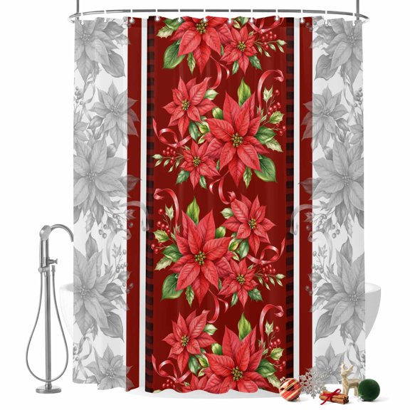 Christmas Vertical Border Shower Curtain, Vintage Poinsettia Holly Berry Gray Waterproof Washable Fabric Bathroom Shower Curtain with 12 Hooks, 36" x 72"