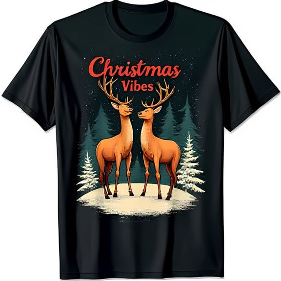 Christmas Vibes Black T-Shirt with Sparkly Deer Design in Snowy Forest