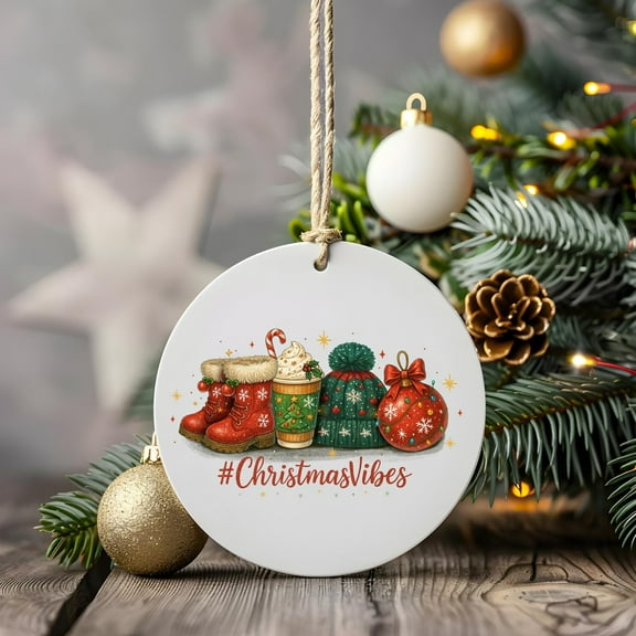 Christmas Vibes Ornament, Trendy Holiday Hashtag Decor, Red Green Gift Ornament, Cozy Winter Aesthetic, Cute Xmas Tree Decoration 2025