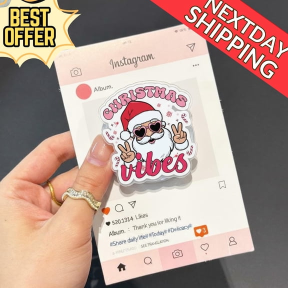 Christmas Vibes Santa Magnetic Phone Grip Cute Holiday Phone Grip, Pink Santa Peace Sign Holder