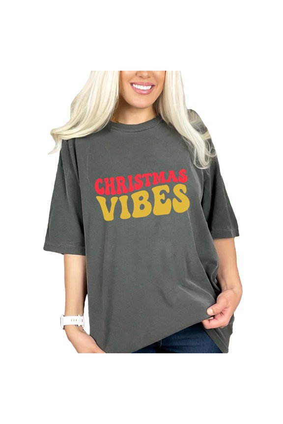 Christmas Vibes, Winter Season, Celebration or Party Themed, Groovy Retro Wavy Text, Pepper Comfort Colors T-Shirt, Large