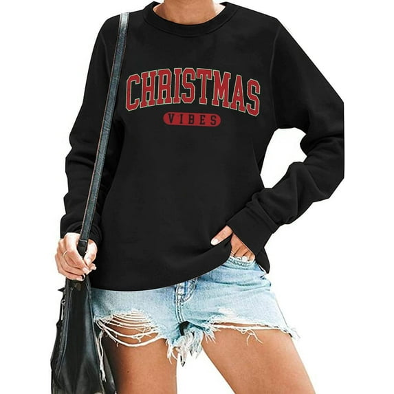 Christmas Vibes Womens Sweatshirt Funny Letter Print Vintage Xmas Long Sleeve