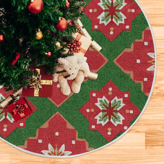 Christmas Vibrant Red Green Geometrical Patterns Christmas Tree Skirt Opening Design Floor Mat Holiday Decor 35 inch