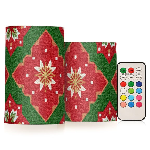 Christmas Vibrant Red Green Geometrical Patterns Flickering Flameless Candles LED Tealight Battery Operated with Remote Set of 2 Holiday Decor Ornaments