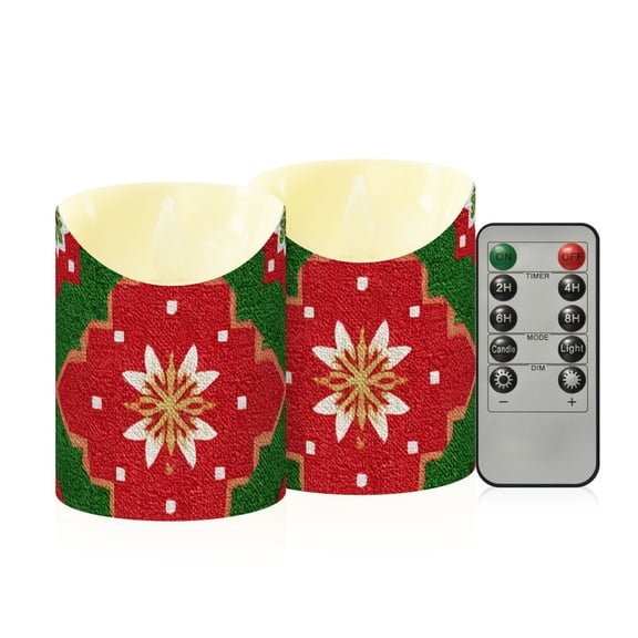 Christmas Vibrant Red Green Geometrical Patterns Flickering Flameless Candles with Remote Timer Battery Operated LED Tealight Set of 2 S